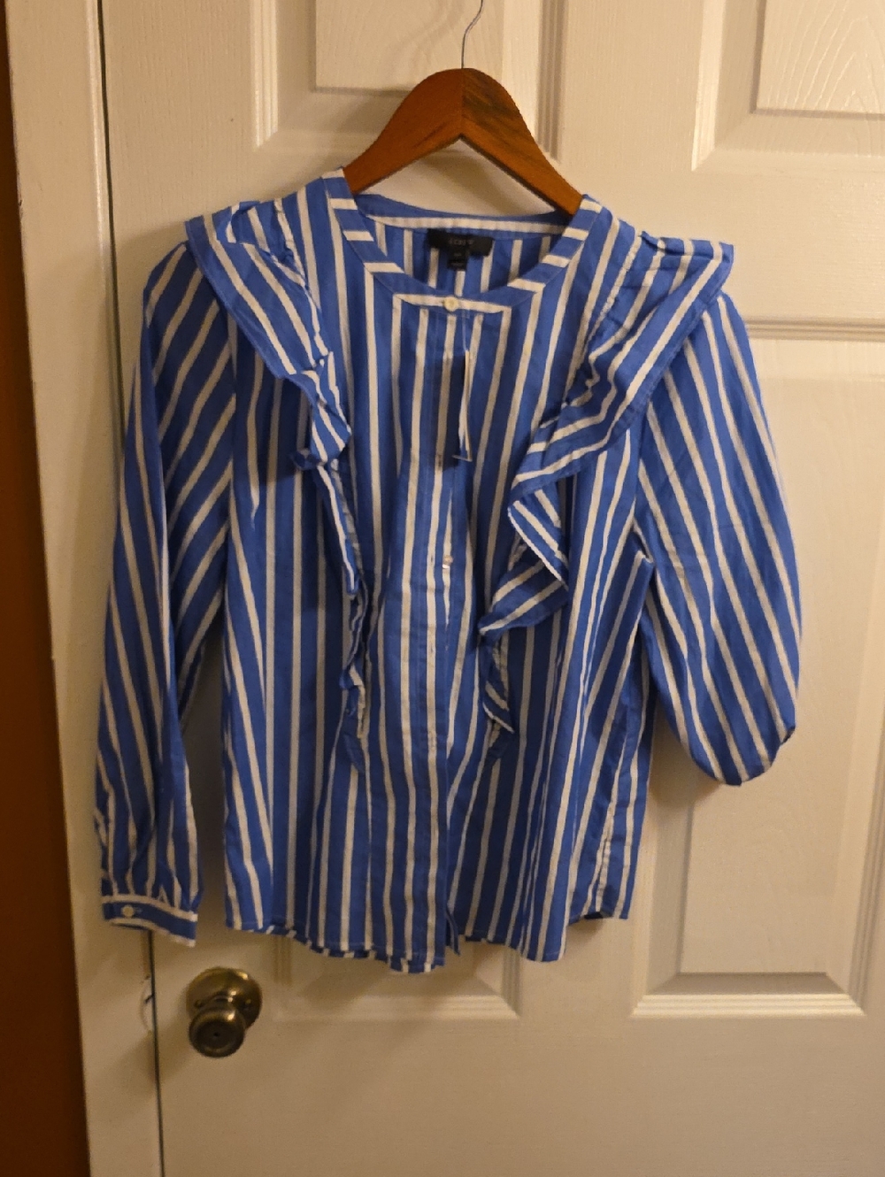 J. Crew Blue and White Striped Ruffle Blouse